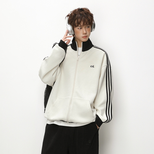 悟空有货美式复古三条杠撞色立领夹克男春季情侣休闲拉链卫衣外套