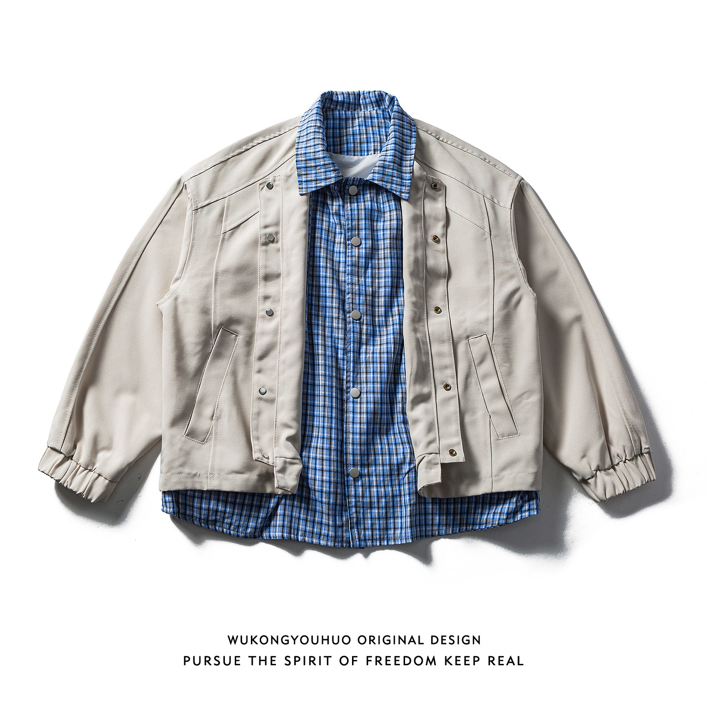 悟空有货潮牌美式格子假两件拼接翻领夹克男春季宽松休闲百搭外套,男装,夹克,淘宝优惠券,粉丝福利购,淘宝优惠卷