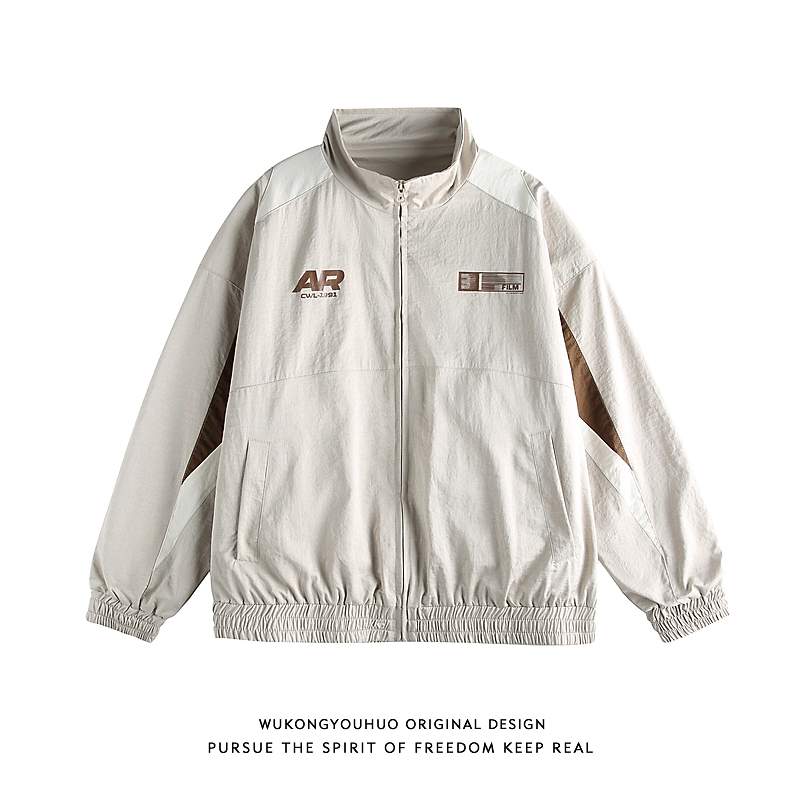 悟空有货潮牌美式撞色拼接立领夹克男女秋季街头宽松百搭情侣外套