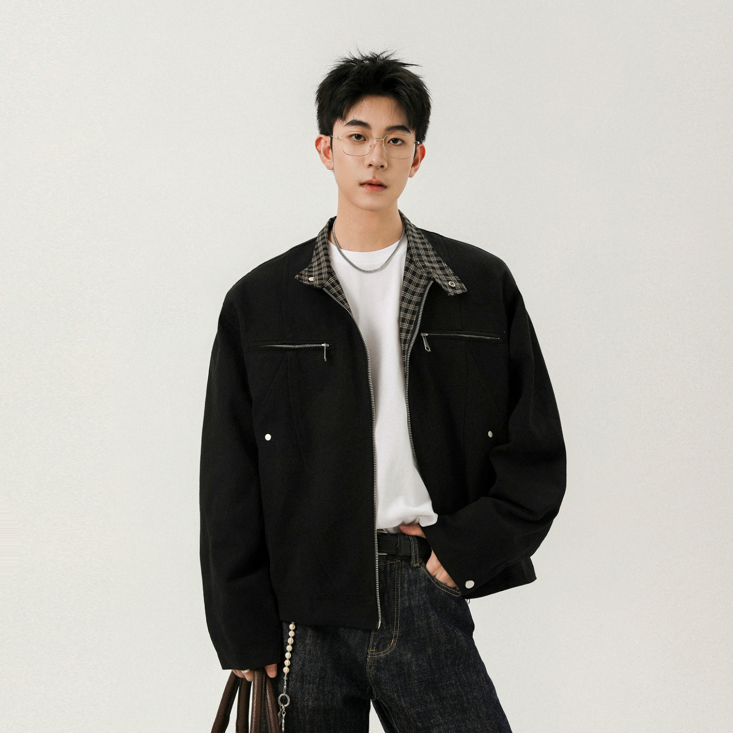 老钱风千鸟格拼接短款哈灵顿夹克