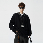 悟空有货美式 情侣宽松百搭上衣 格子拼接假两件POLO领卫衣男女春季