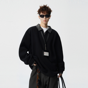 悟空有货美式 情侣宽松百搭上衣 格子拼接假两件POLO领卫衣男女春季