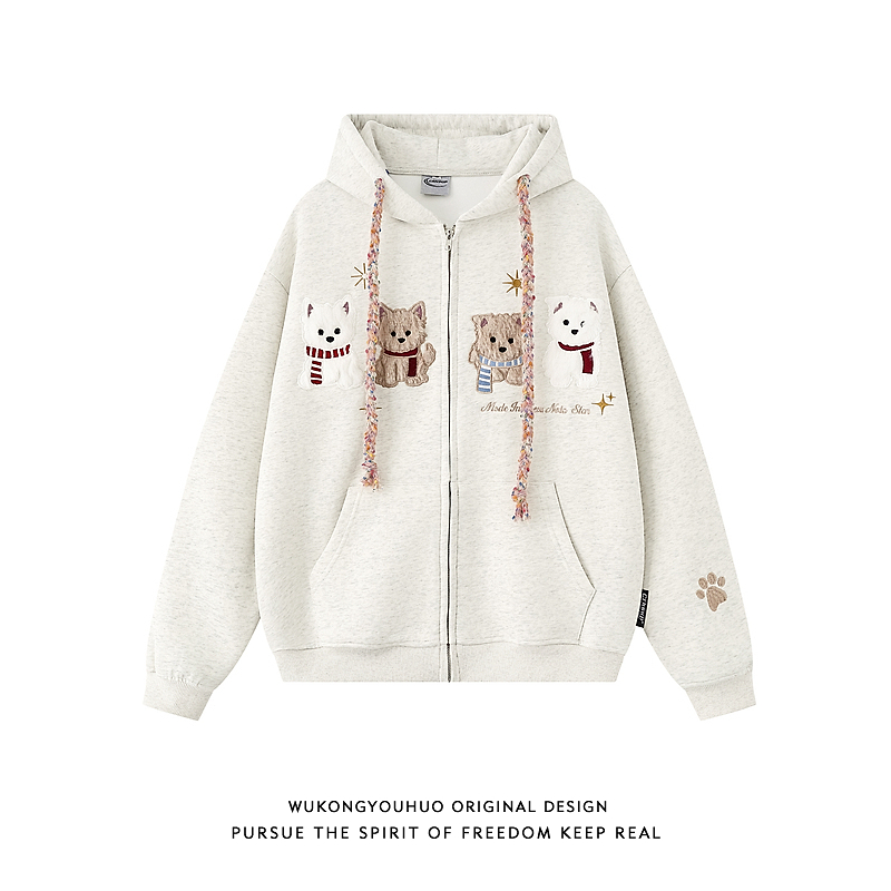美式小狗毛绒刺绣开衫连帽卫衣