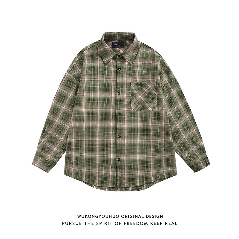 悟空有货潮牌美式格子刺绣字母长袖衬衫男女复古宽松情侣百搭衬衣,男装,衬衫,淘宝优惠券,粉丝福利购,淘宝优惠卷