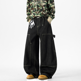 男复古宽松阔腿百搭休闲裤 悟空有货美式 拼接撞色辑明线弯刀牛仔裤