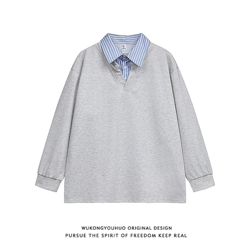 复古假两件拼接翻领套头卫衣