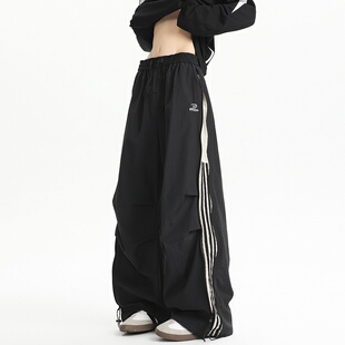 宽松阔腿百搭长裤 男春季 潮牌条纹拼接直筒伞兵冲锋裤 悟空有货美式