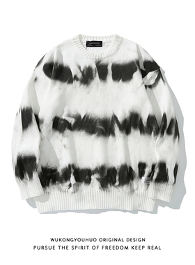 ins欧美嘻哈复古扎染喷绘套头毛衣男潮牌嘻哈bf慵懒风情侣针织衫