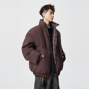 悟空有货2025冬季立领格纹拼接保暖面包服男潮牌宽松百搭棉服外套