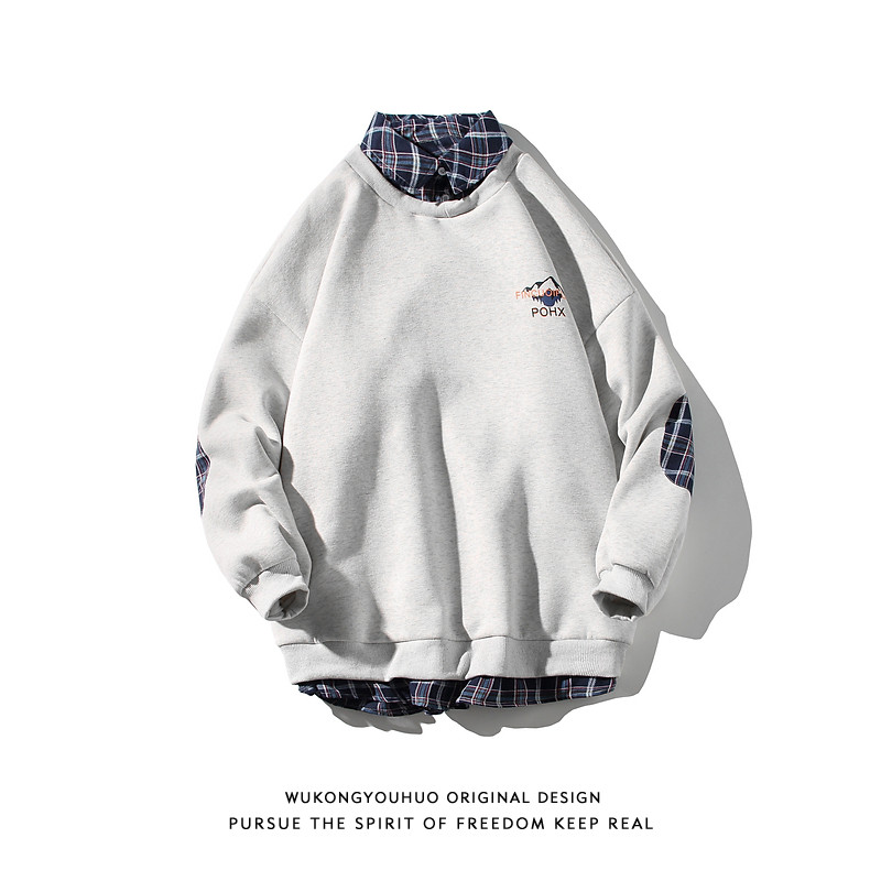 WUKONG 재고 있음 남성용 및 여성용 레트로 페이크 투피스 체크 무늬 스플라이스 라펠 스웨트 셔츠 트렌디 브랜드 루즈 칼리지 스타일 올 매치 탑
