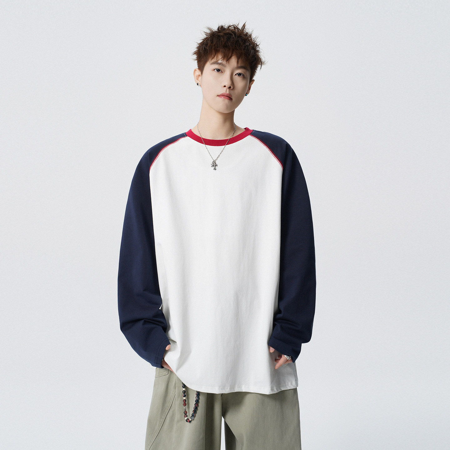 悟空有货美式复古潮牌插肩袖圆领T恤男春秋宽松情侣百搭长袖上衣