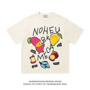 悟空有货欧美嘻哈趣味印花圆领短袖 T恤男潮牌宽松情侣休闲百搭tee
