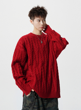 悟空有货复古潮牌麻花红色圆领针织衫男秋季情侣宽松百搭套头毛衣