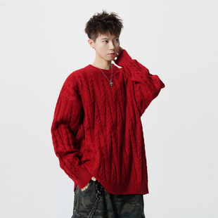 悟空有货复古潮牌麻花红色圆领针织衫男秋季情侣宽松百搭套头毛衣