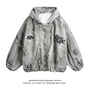 悟空有货美式 潮牌小众保暖休闲棉衣 高街废土风水洗连帽棉服男冬季
