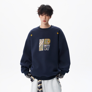悟空有货美式复古刺绣字母重磅圆领卫衣男女潮牌宽松情侣百搭上衣