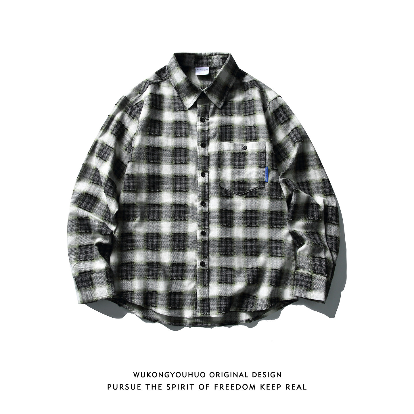 悟空有货潮牌复古撞色格子长袖衬衫男女春季情侣宽松百搭格纹衬衣,男装,衬衫,淘宝优惠券,粉丝福利购,淘宝优惠卷