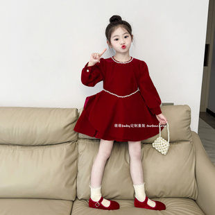 女童红色丝绒千金风加绒连衣裙2025冬季新款女孩高级感礼服公主裙