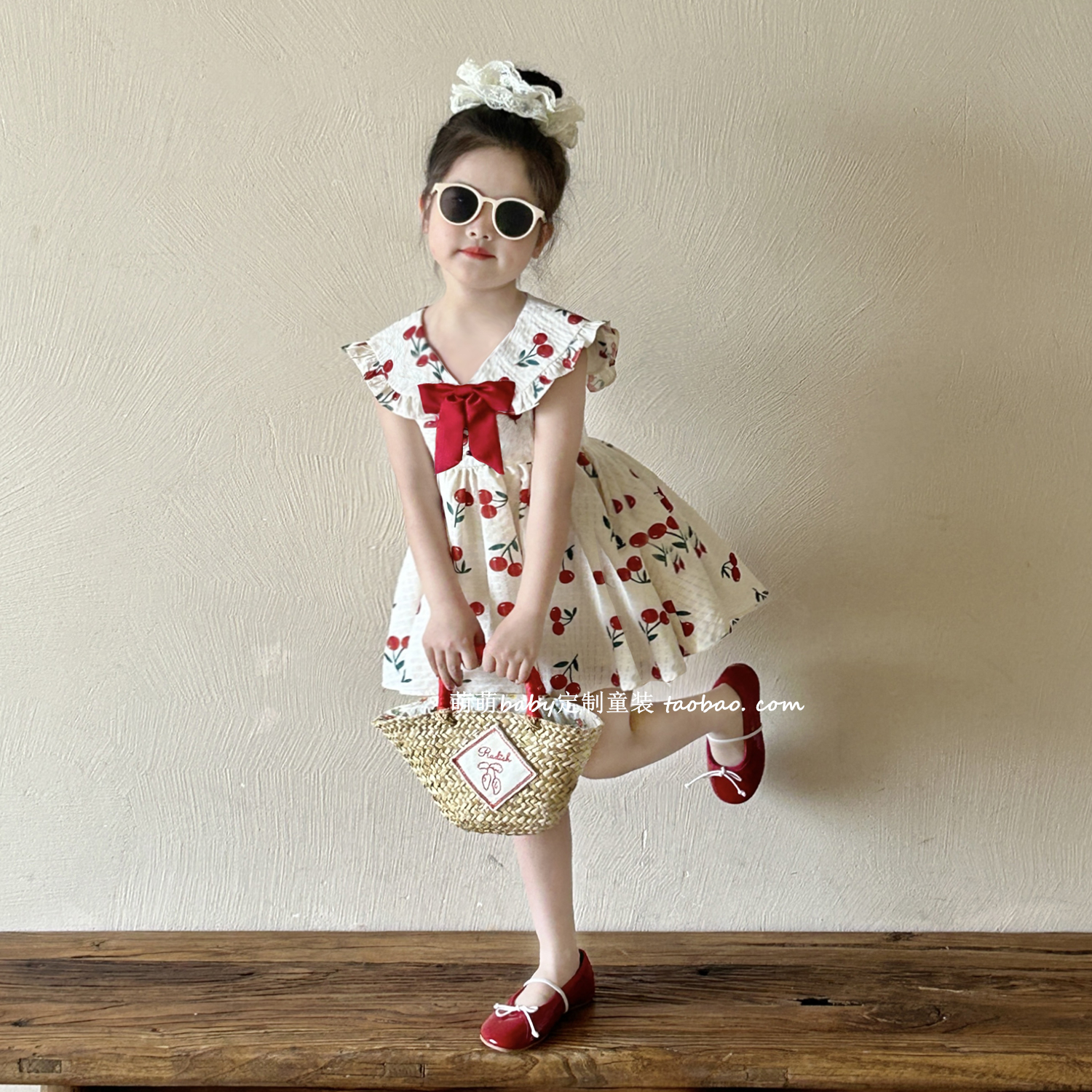女童娃娃领无袖连衣裙2025夏季新款小女孩韩版V领蝴蝶结碎花裙子