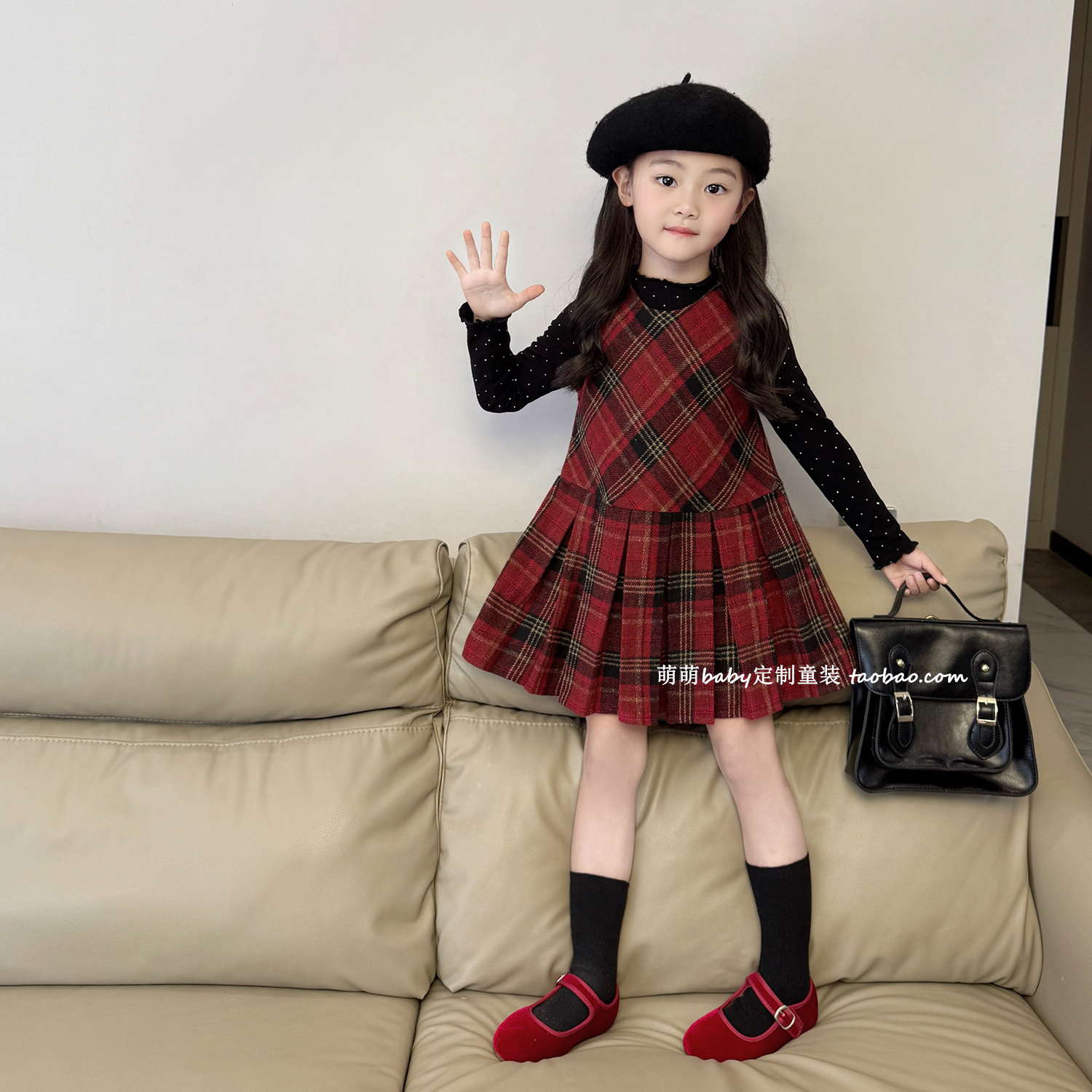 女童复古格子毛呢背心连衣裙2025秋冬小女孩气质加绒拼接百褶裙子