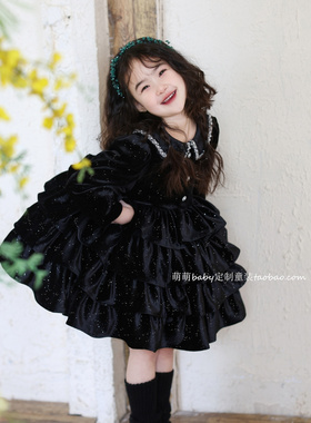 女童黑色闪闪丝绒加绒连衣裙2025冬季新款女孩蛋糕裙蓬蓬裙公主裙