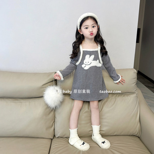 儿童宝宝长袖 新款 打底裙 女童兔子灰色针织连衣裙2025秋季 原创童装