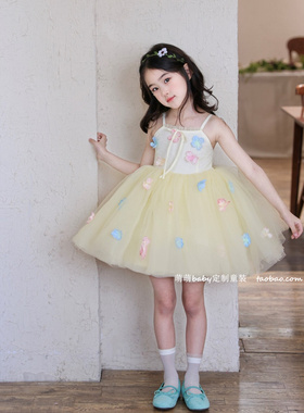 女童黄色花朵网纱吊带裙蓬蓬公主裙2026夏季女孩表演礼服连衣裙子