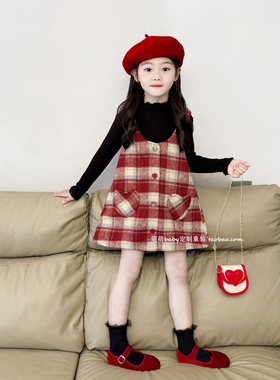 女童红色格子夹棉背心裙圣诞新年连衣裙2025冬季新款小女孩公主裙