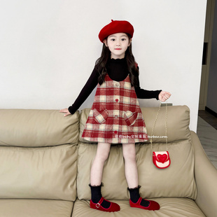 女童红色格子夹棉背心裙圣诞新年连衣裙2025冬季新款小女孩公主裙