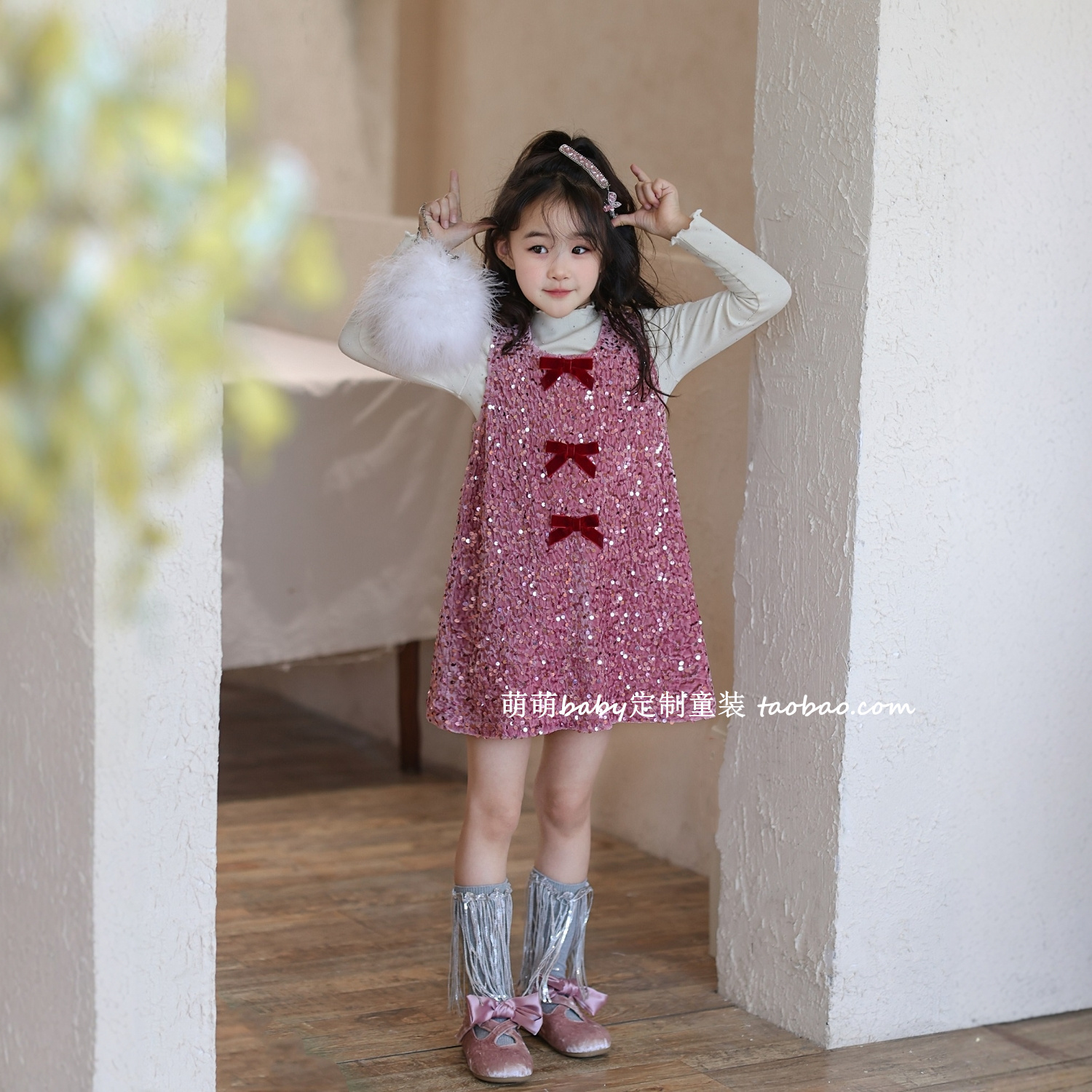 女童亮片蝴蝶结背心裙