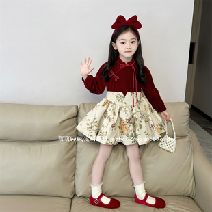 女童红色丝绒拼接提花国风连衣裙2025冬季女孩新中式加绒公主裙子