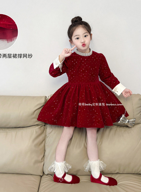 原创女童亮钻闪闪丝绒加绒连衣裙2025冬季小女孩珍珠领蓬蓬公主裙
