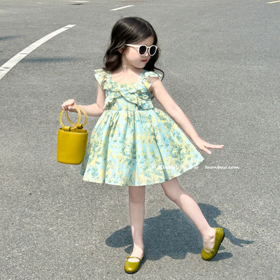 女童碎花小飞袖吊带裙