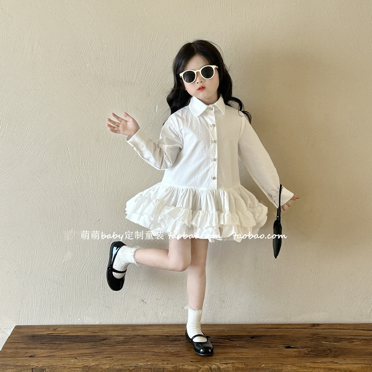 女童棉布重工大摆法式衬衫连衣裙2025春季新款儿童白色长袖蓬蓬裙