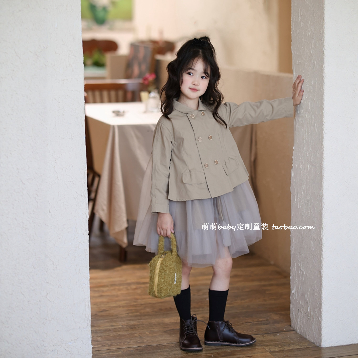 女童双排扣风衣外套2025秋季新款小女孩气质娃娃衫风衣网纱裙夹克