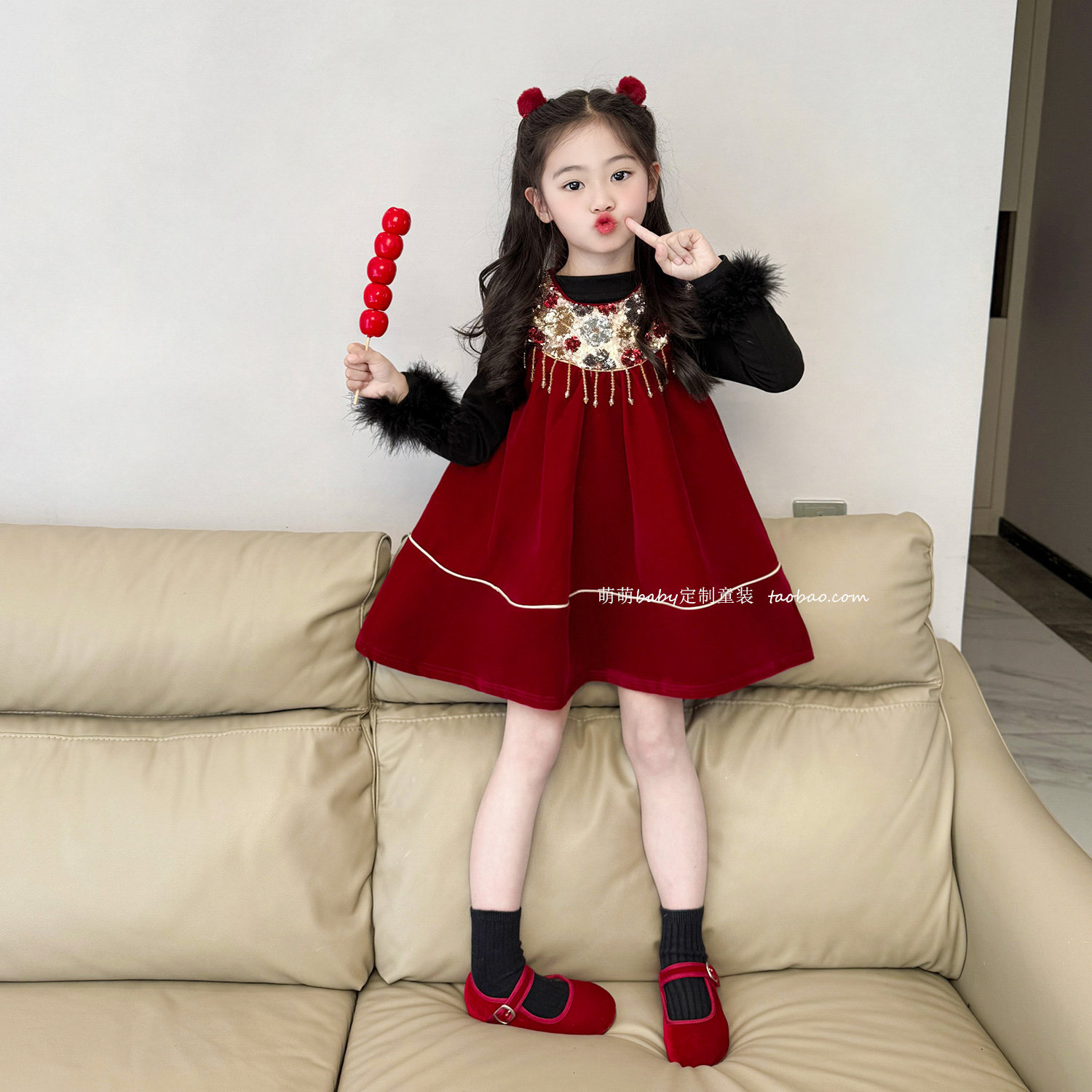 女童新中式亮片丝绒背心裙加绒连衣裙2025冬季新款女孩国风新年裙