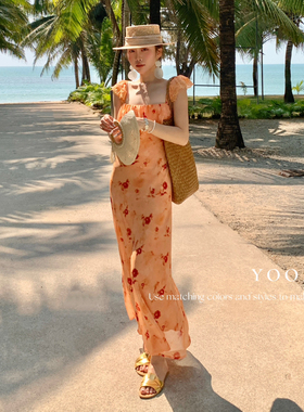 YOOMINI-蕾丝荷叶边修身轻薄明媚素雅度假风长裙连衣裙