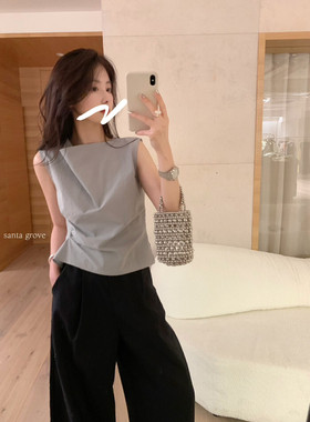 现货！夏季新款气质淑女显瘦侧边无袖上衣修身抓褶纹理背心