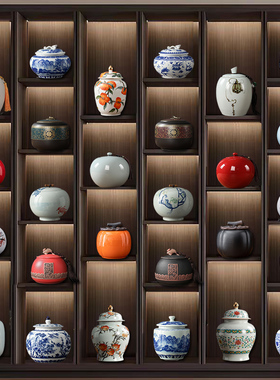 茶室茶柜博古架装饰复古茶道摆件套装茶具大号陶瓷茶叶罐存茶罐