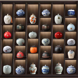 茶室茶柜博古架装饰复古茶道摆件套装茶具大号陶瓷茶叶罐存茶罐