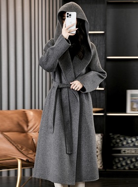 反季促销长款连帽羊毛大衣女气质百搭简约精品双面呢外套混灰色