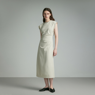 OPENROLES 气质宽肩圆领无袖连衣裙女高级感压褶高腰中长款裙子夏