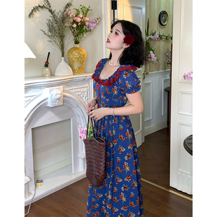 三个裁缝【花漾少女】法式复古收腰碎花连衣裙女新款泡泡袖长裙