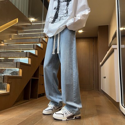 以纯牛仔裤男款宽松直筒加绒加厚