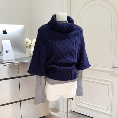 7Shiftin原创设计秋冬款慵懒风双色宽松毛针织衫女简约套头上衣