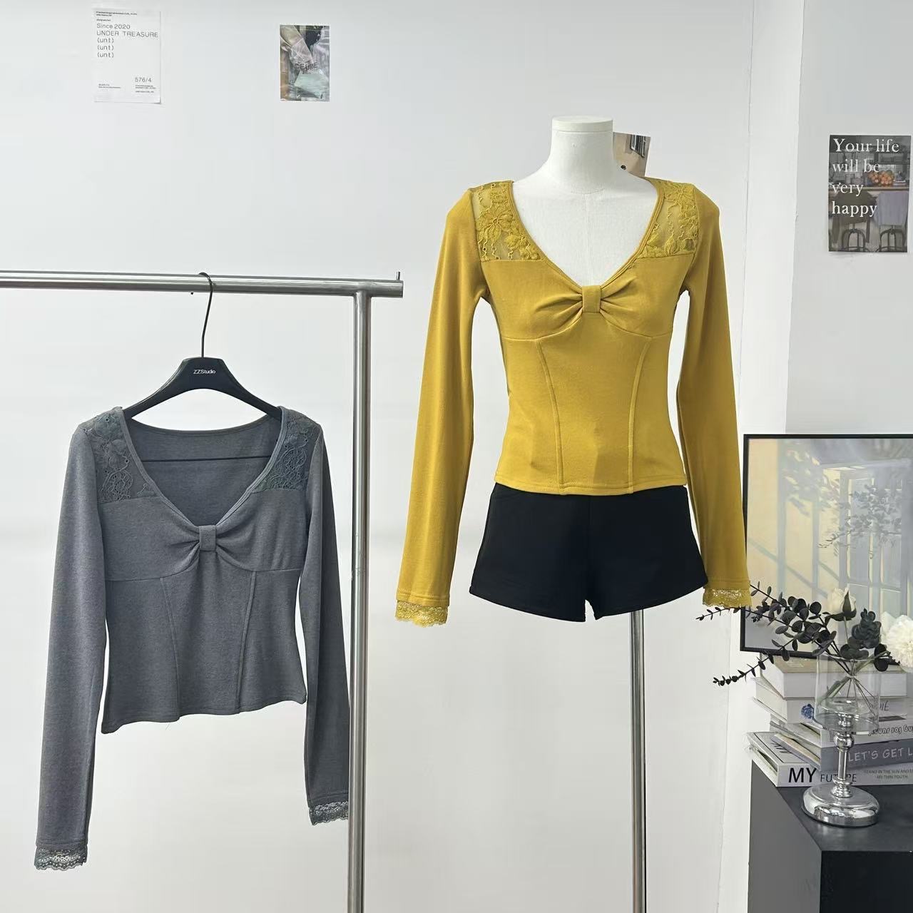 FuunJ 限定甜莉露 设计感收腰蕾丝拼接针织T恤女显瘦内搭打底上衣