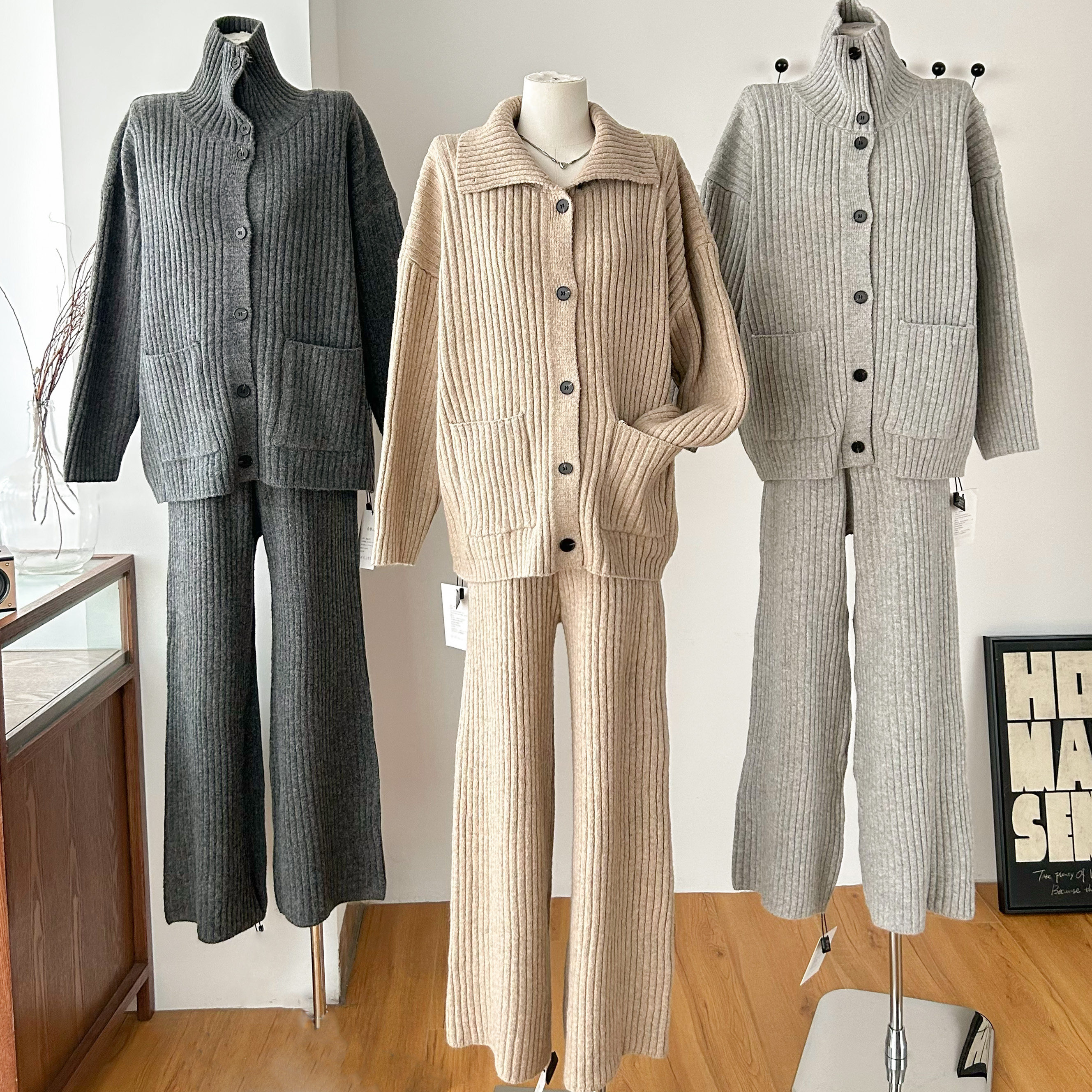 慵懒look'时髦博主老钱风 韩系高领纽扣毛衣外套加厚开衫/长裤