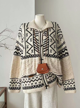 dfvc慵懒风复古提花针织开衫女2025年冬季新款牛角扣短款毛衣外套