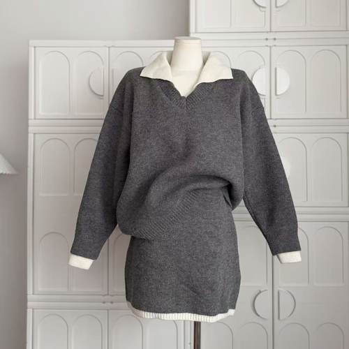 GV大白哥 简约画报 撞色polo领棒针上衣半身裙套装秋季穿搭新款女