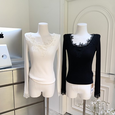 Acaine 纯色长袖花朵针织打底衫女秋季内搭叠穿法式修身显瘦上衣